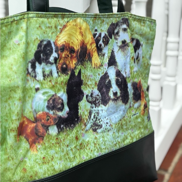 Puppy Print Waterproof Tote Bag with Forest Green Accents and Matching Umbrella - Picture 2 of 5